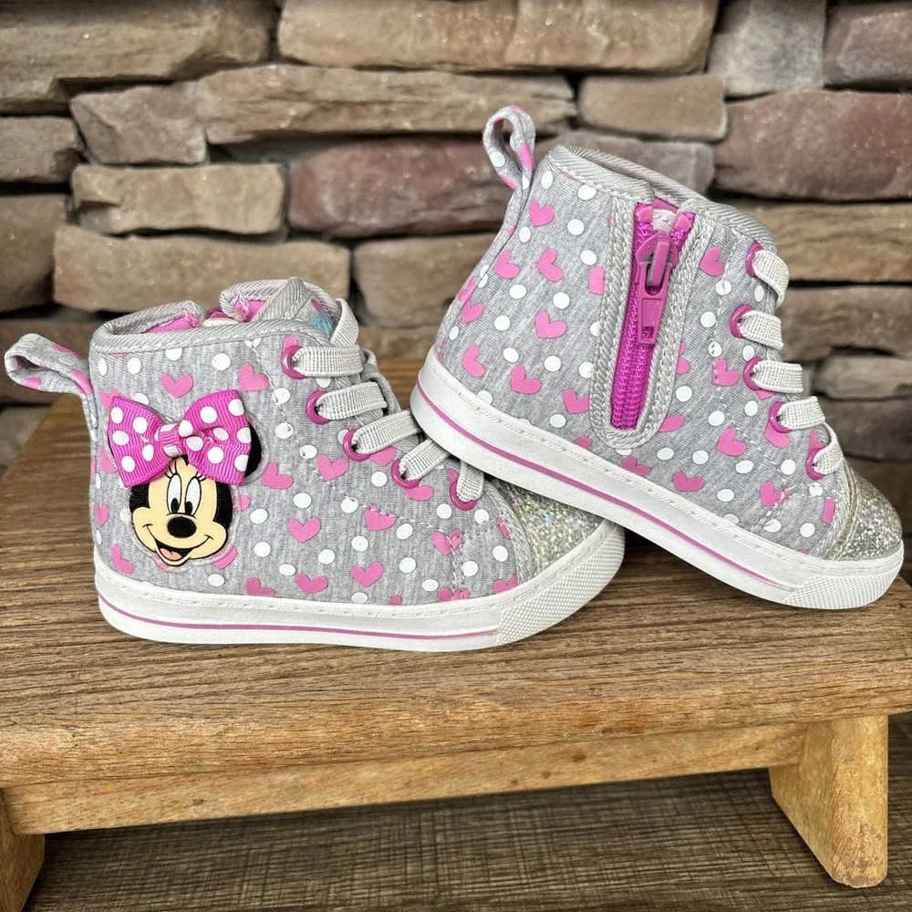Disney Minnie Mouse High Top Light Up Size 7 Toddler Pre Laced Zip Sides EUC